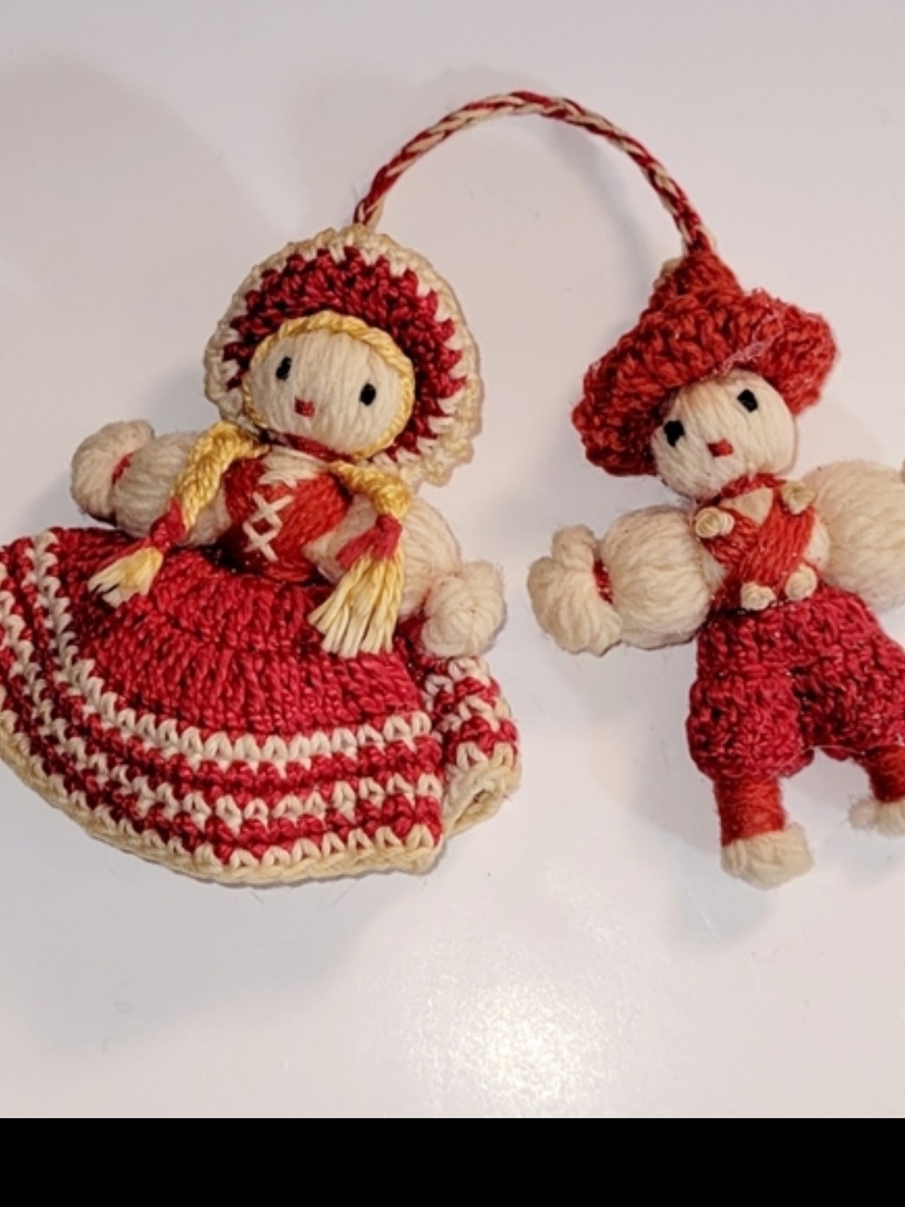 Handmade Red and Cream Crochet Doll Ornament Duo